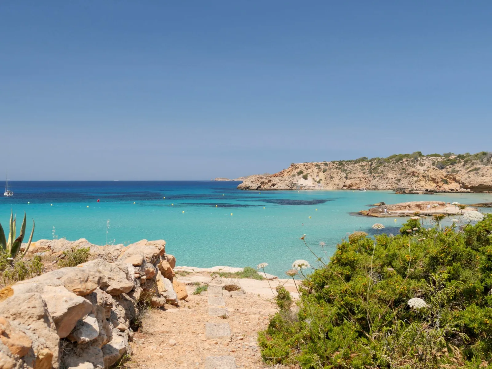 Cala Tarida beach in Ibiza with calm turquoise water